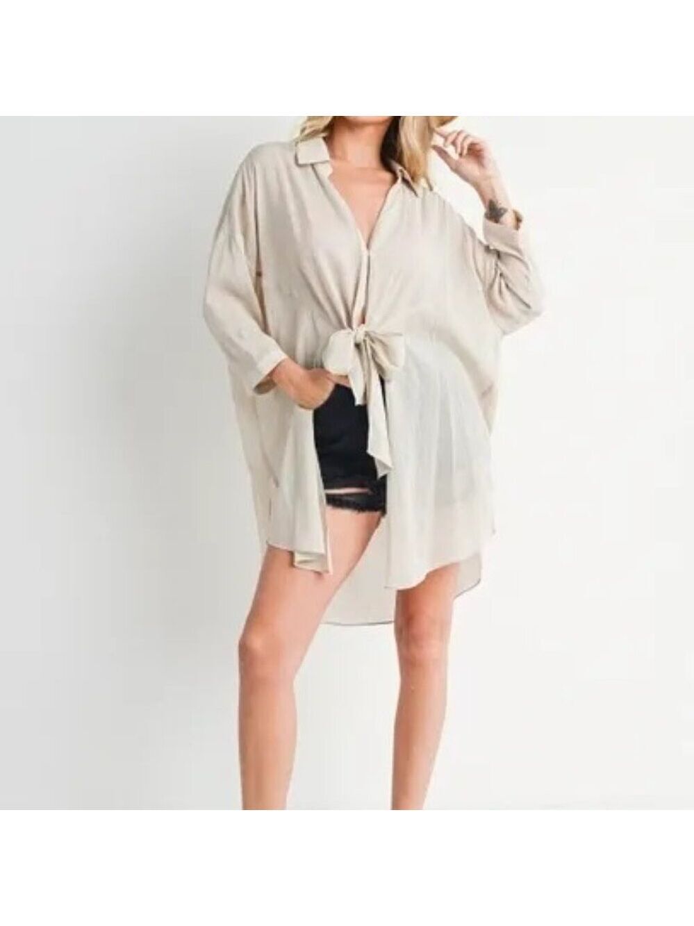 CLEAR OUT!!!! Tie-Front Dolphin Hem Tunic Shirt